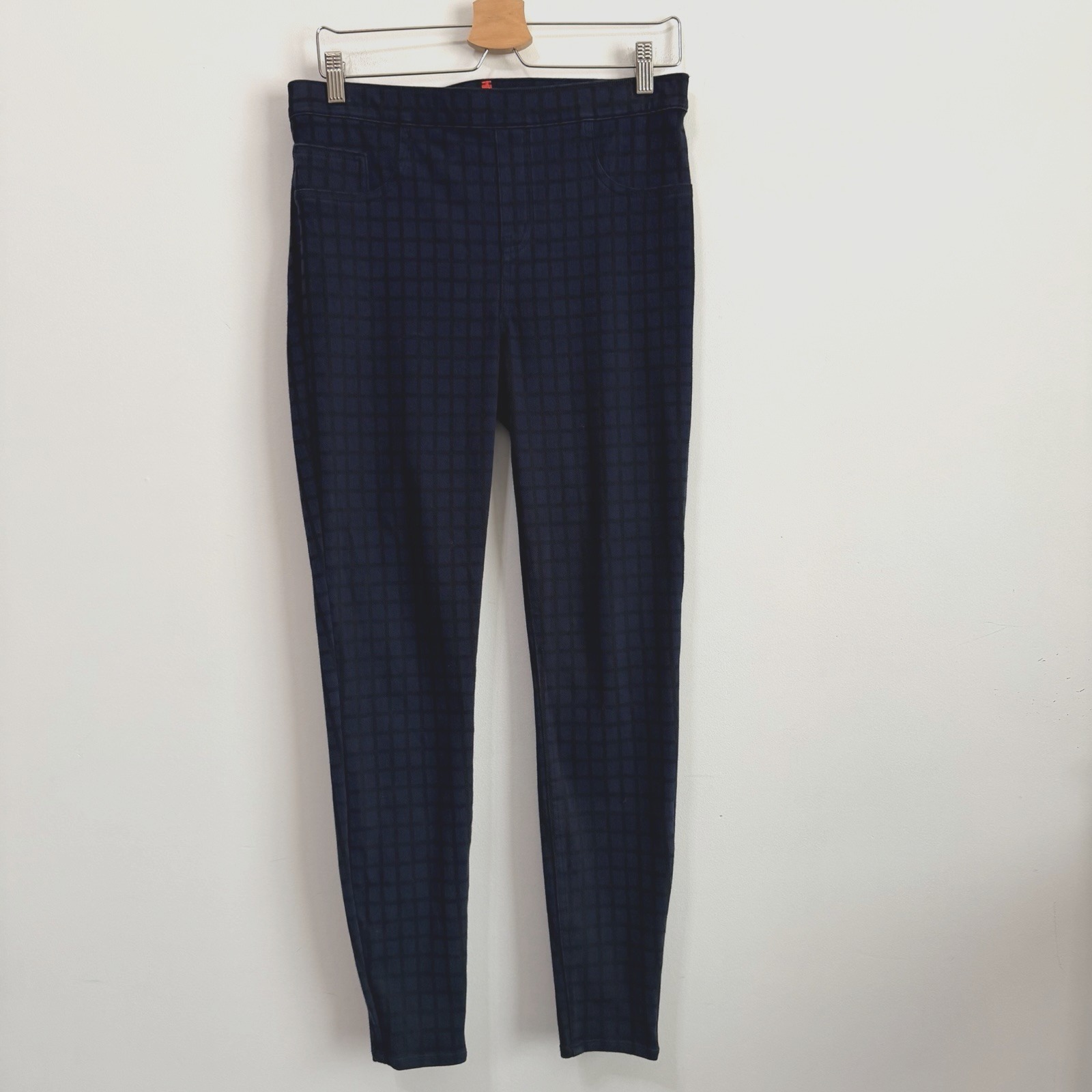 Spanx Jeanish Ankle Leggings L Black Blue Plaid Print Skinny Pull On Casual Pant